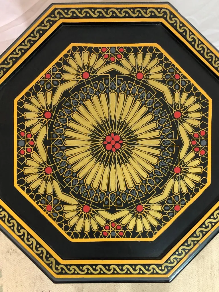Hand Painted Black Moroccan End, Side or Lamp Tables Octagonal Shaped, a Pair