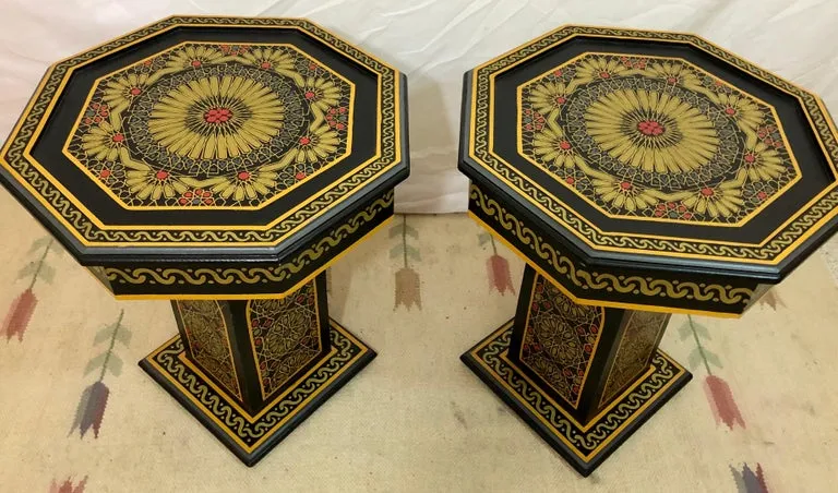 Hand Painted Black Moroccan End, Side or Lamp Tables Octagonal Shaped, a Pair