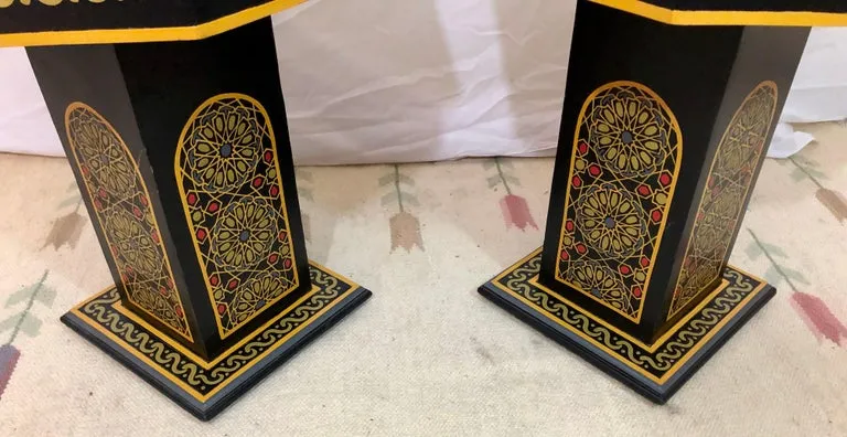 Hand Painted Black Moroccan End, Side or Lamp Tables Octagonal Shaped, a Pair