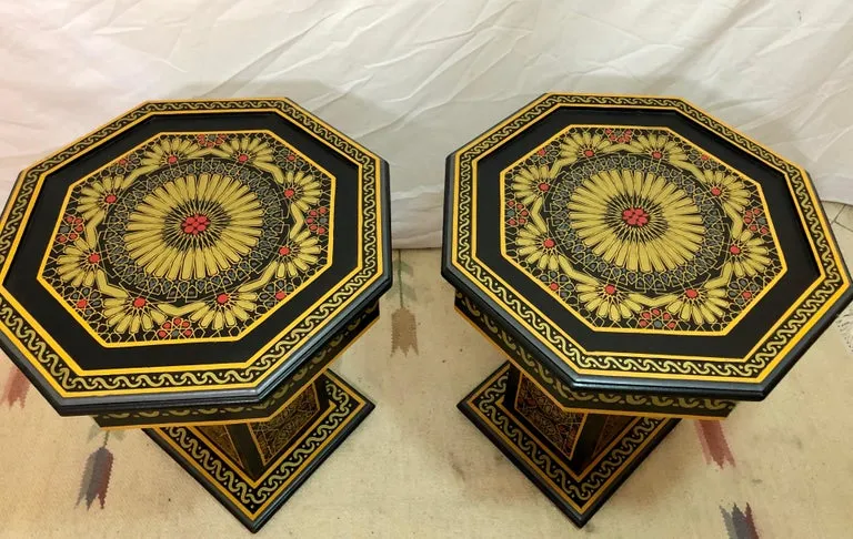 Hand Painted Black Moroccan End, Side or Lamp Tables Octagonal Shaped, a Pair