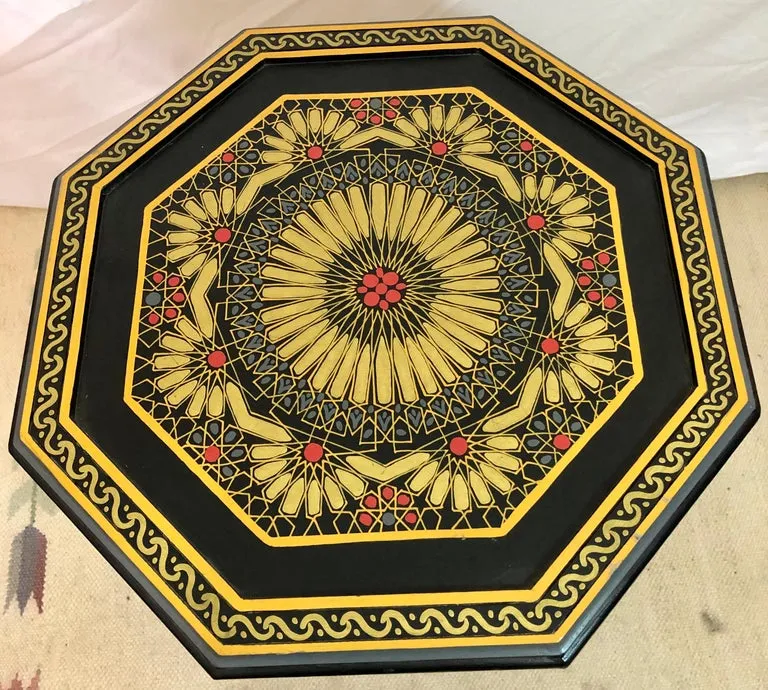 Hand Painted Black Moroccan End, Side or Lamp Tables Octagonal Shaped, a Pair