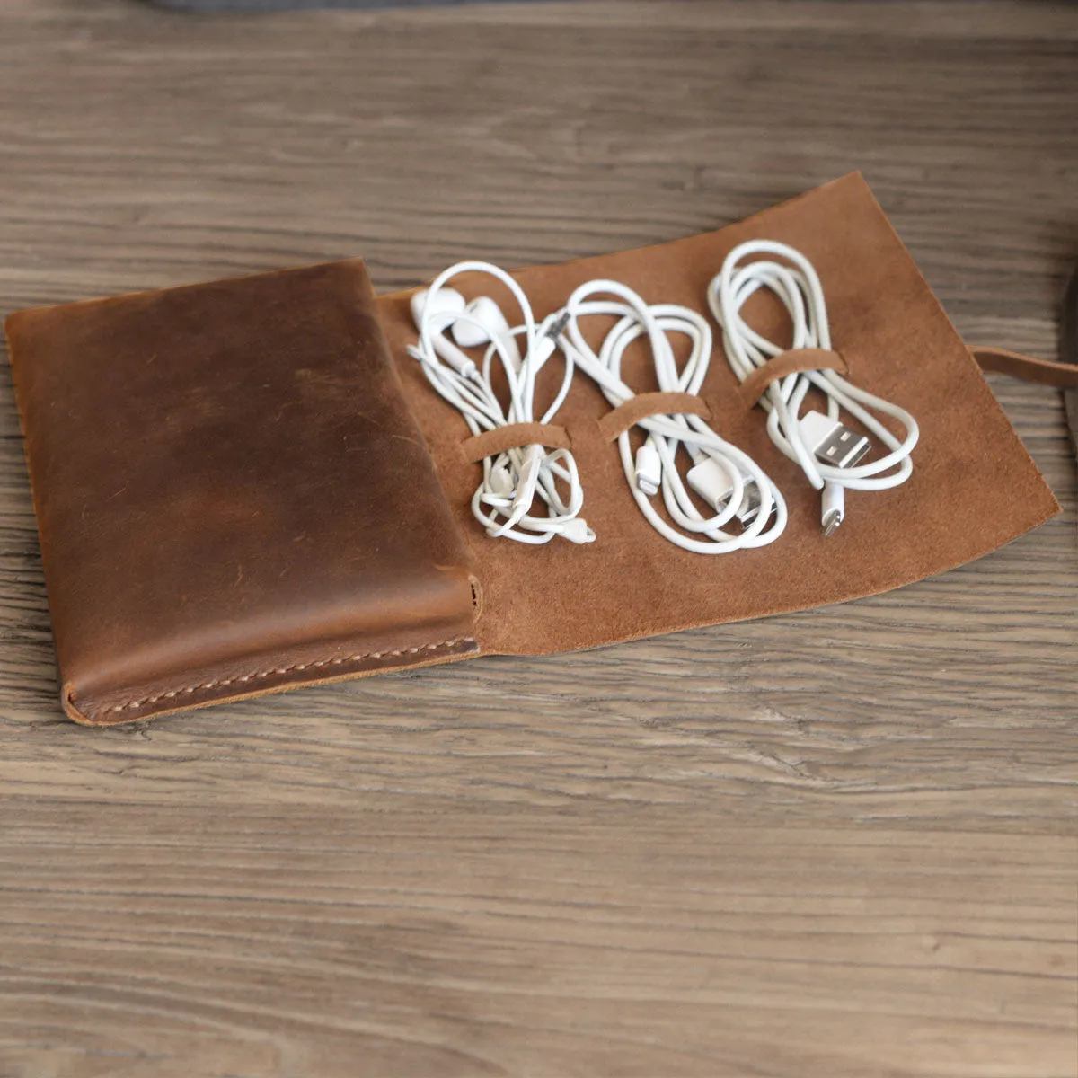 Handmade Personalized Leather Cable Cord Organizer Pouch