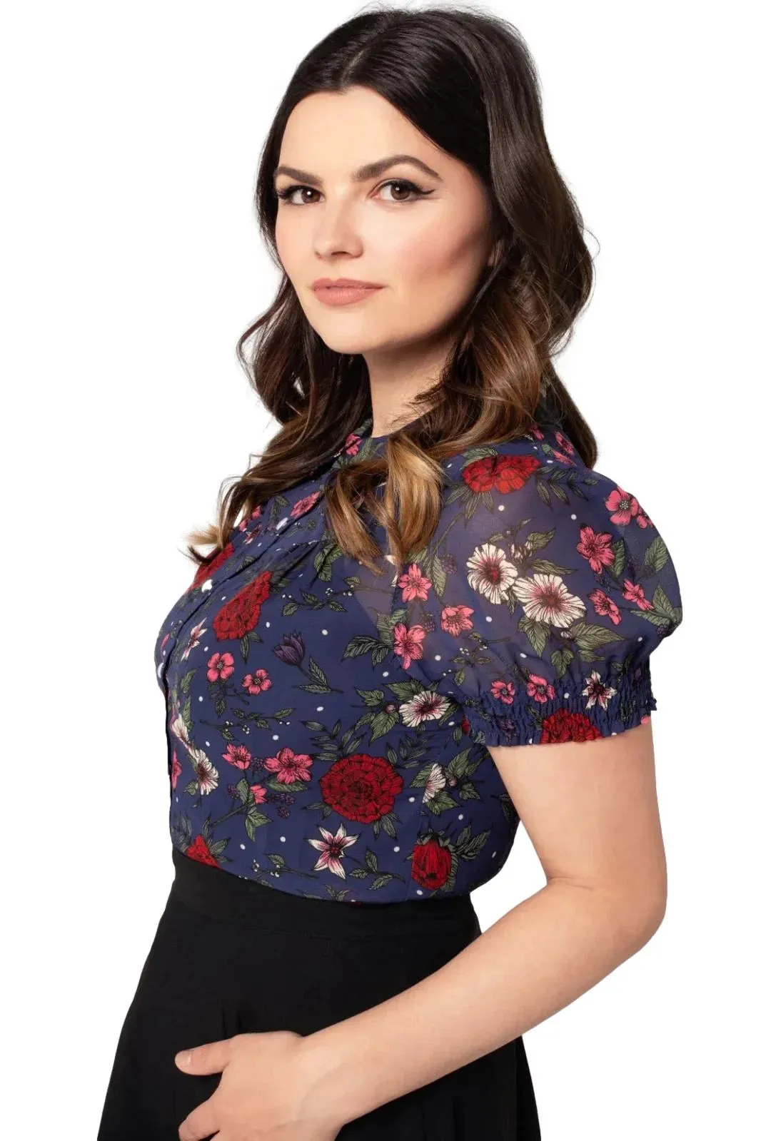Hell Bunny Camellia Blouse - 1950's Vintage Floral Print