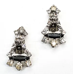 Hematite clear rhinestone articulated drop vintage mid century clip on earrings