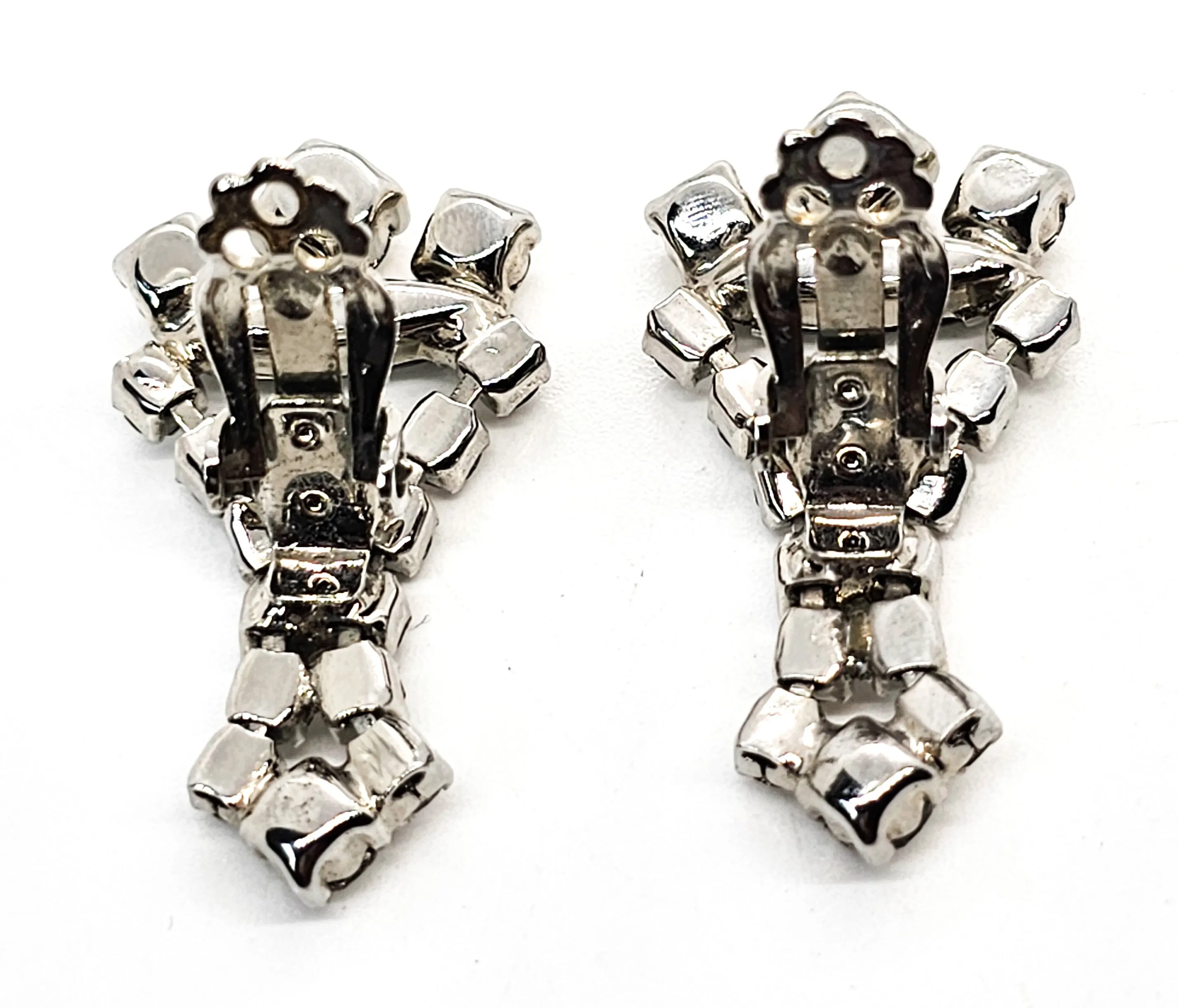 Hematite clear rhinestone articulated drop vintage mid century clip on earrings