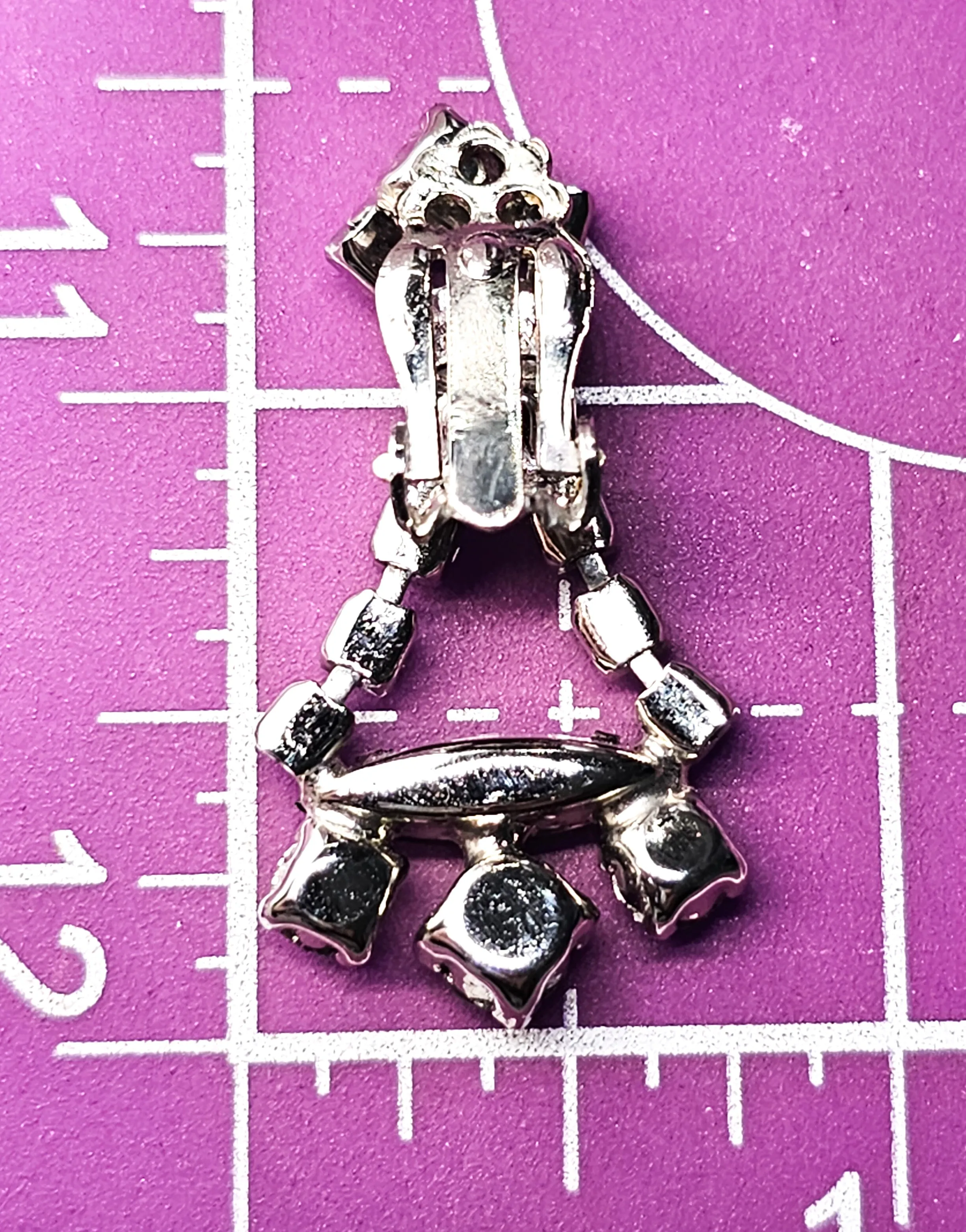 Hematite clear rhinestone articulated drop vintage mid century clip on earrings