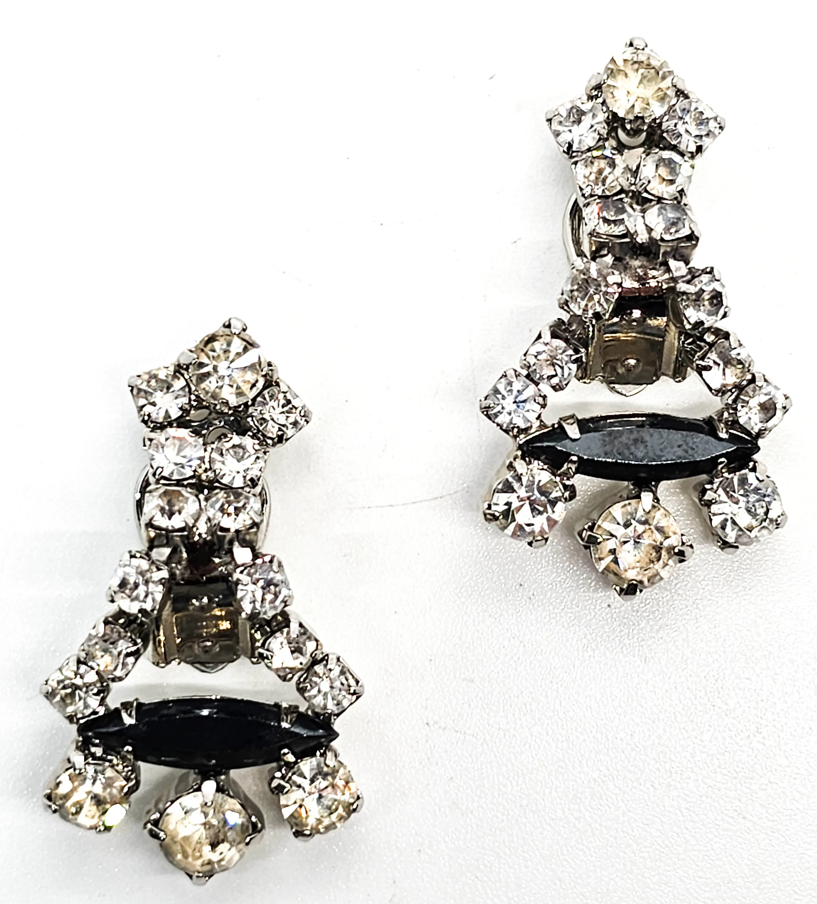 Hematite clear rhinestone articulated drop vintage mid century clip on earrings
