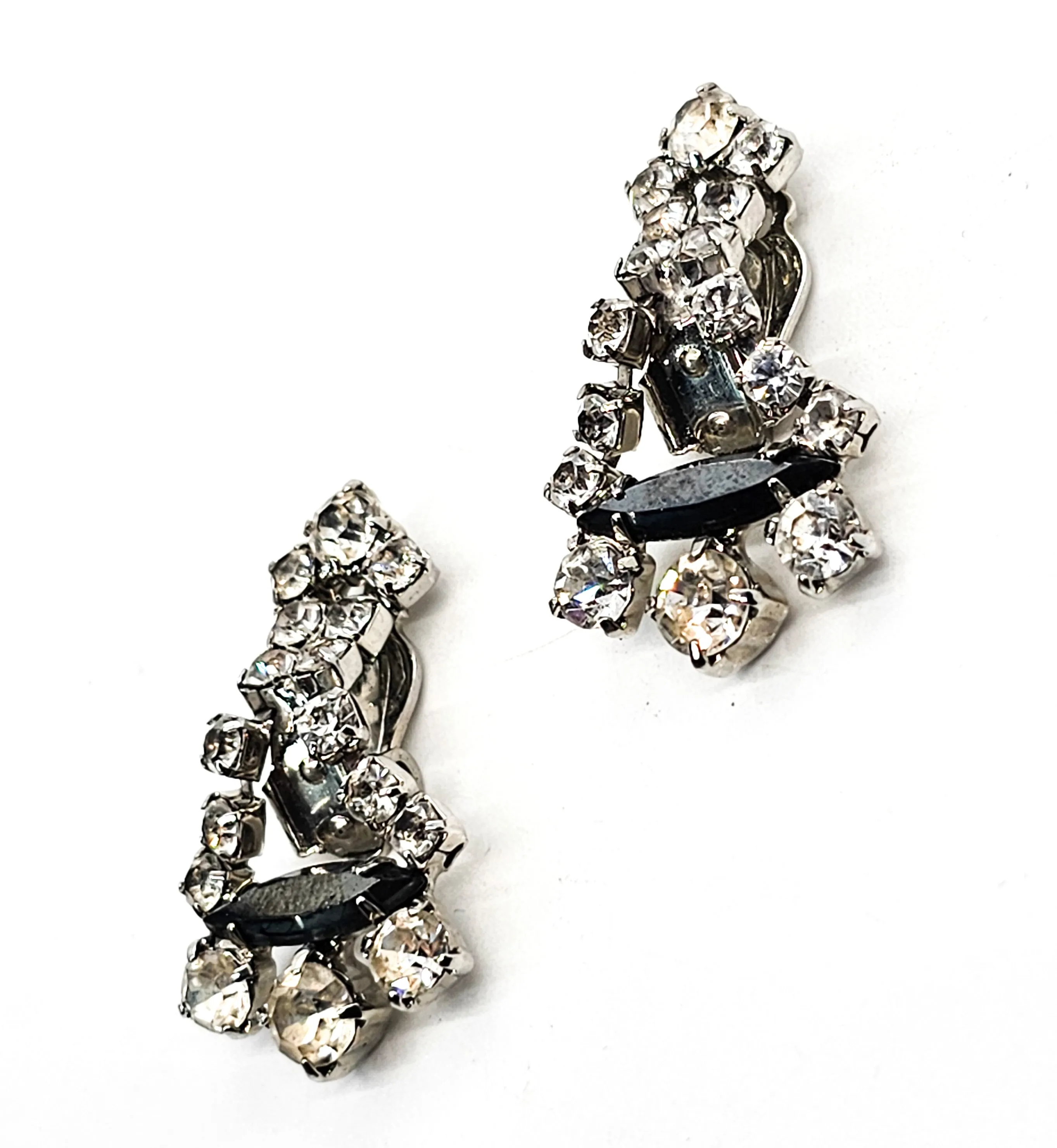 Hematite clear rhinestone articulated drop vintage mid century clip on earrings