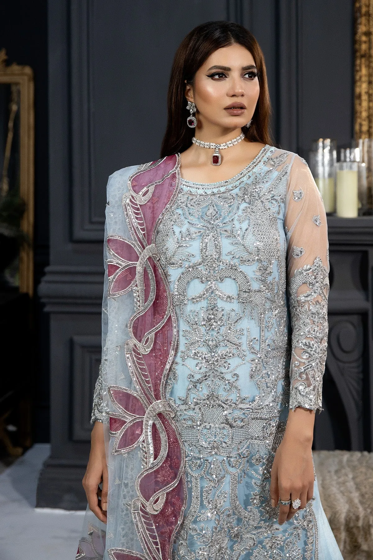 Ice Blue Luxury Silver Embroidered Pakistani Salwar Kameez Dupatta