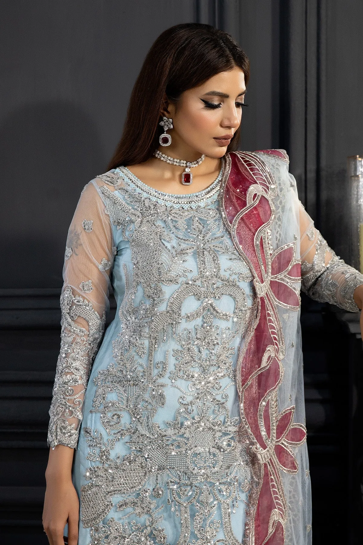 Ice Blue Luxury Silver Embroidered Pakistani Salwar Kameez Dupatta