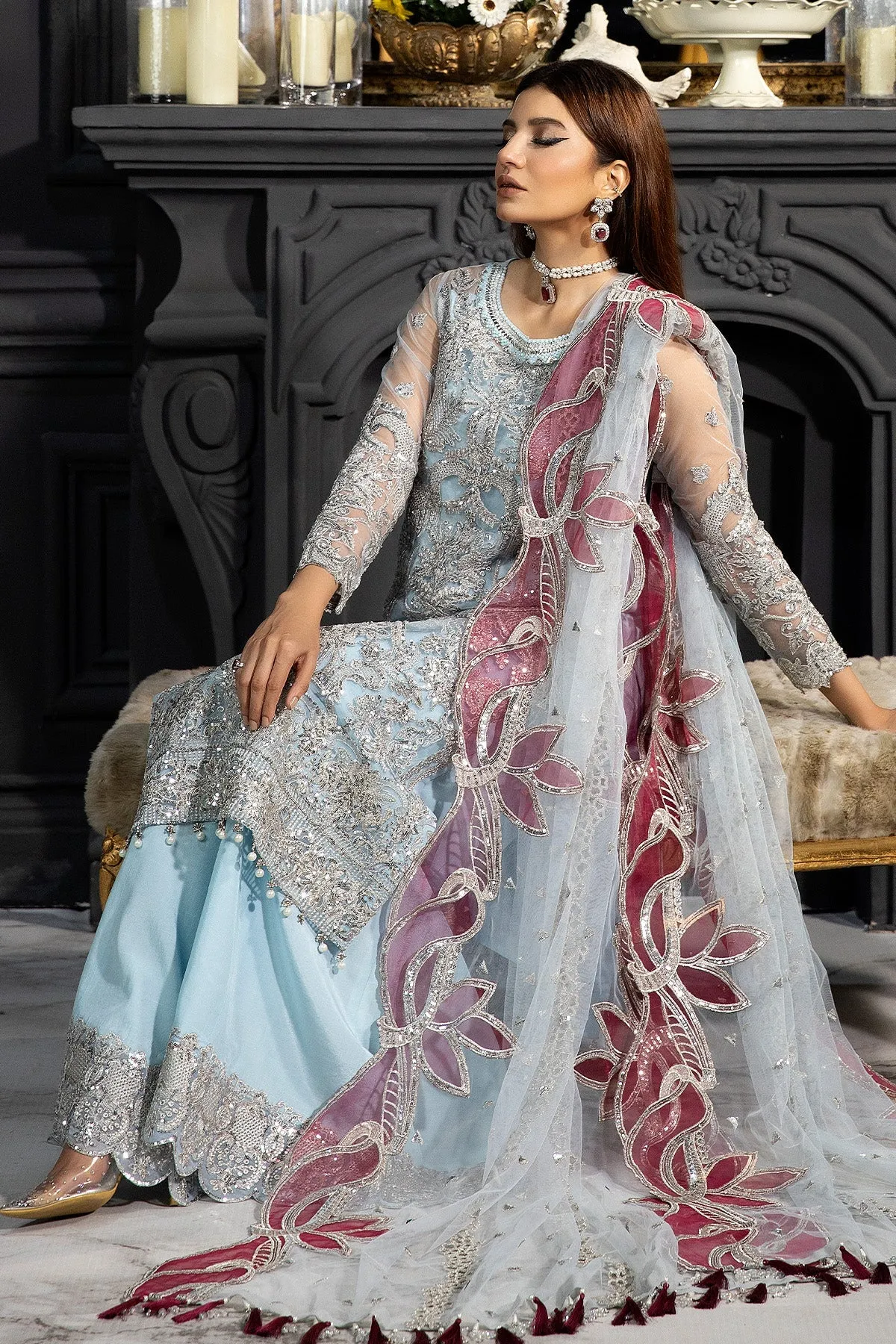 Ice Blue Luxury Silver Embroidered Pakistani Salwar Kameez Dupatta