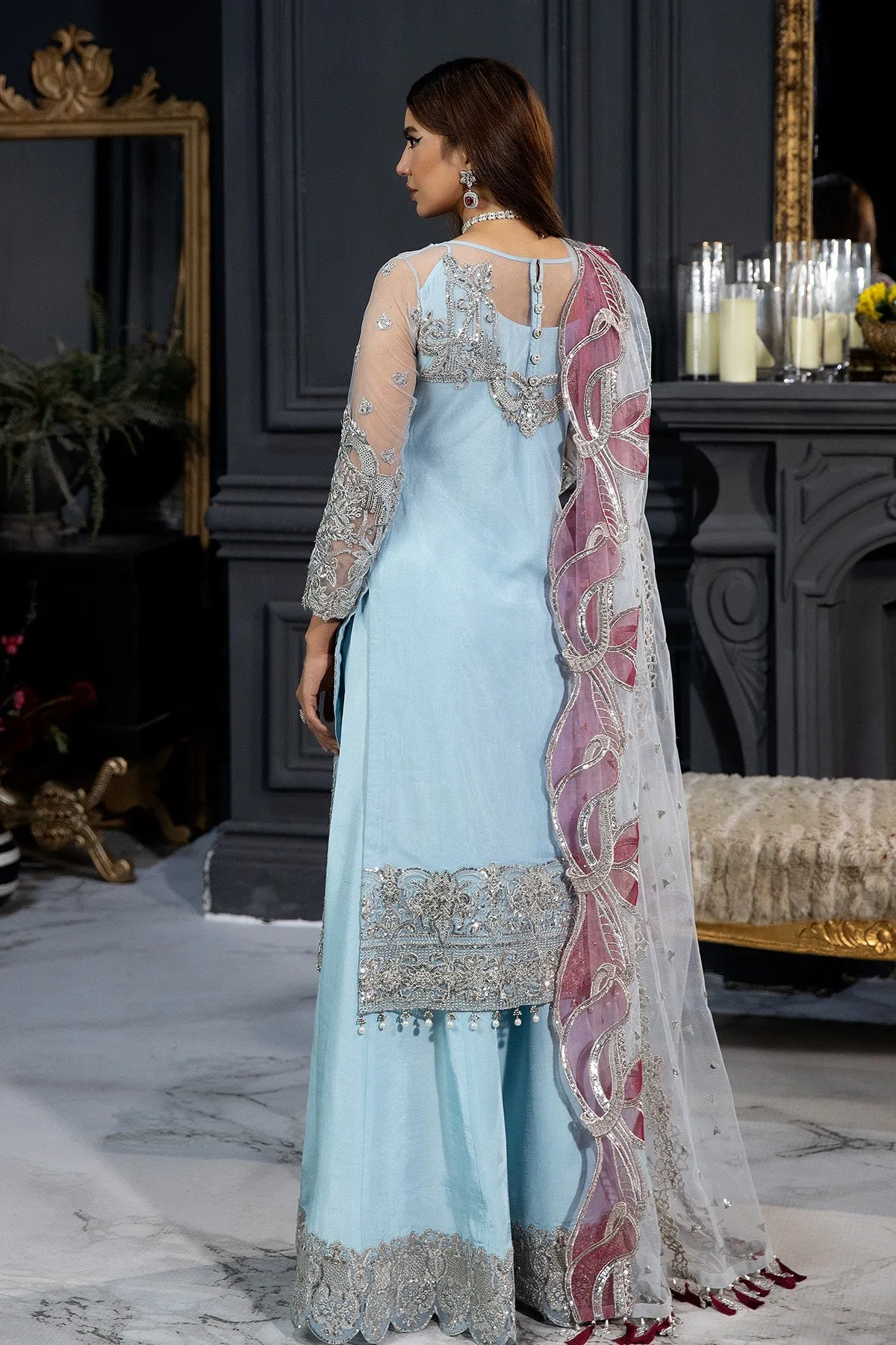 Ice Blue Luxury Silver Embroidered Pakistani Salwar Kameez Dupatta