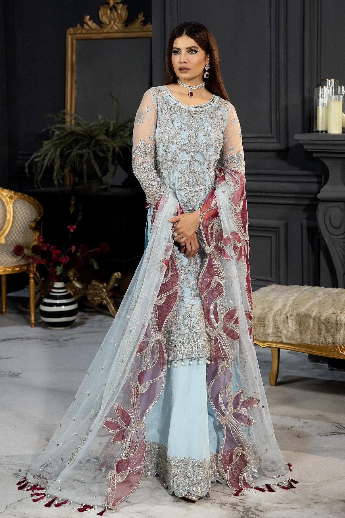 Ice Blue Luxury Silver Embroidered Pakistani Salwar Kameez Dupatta