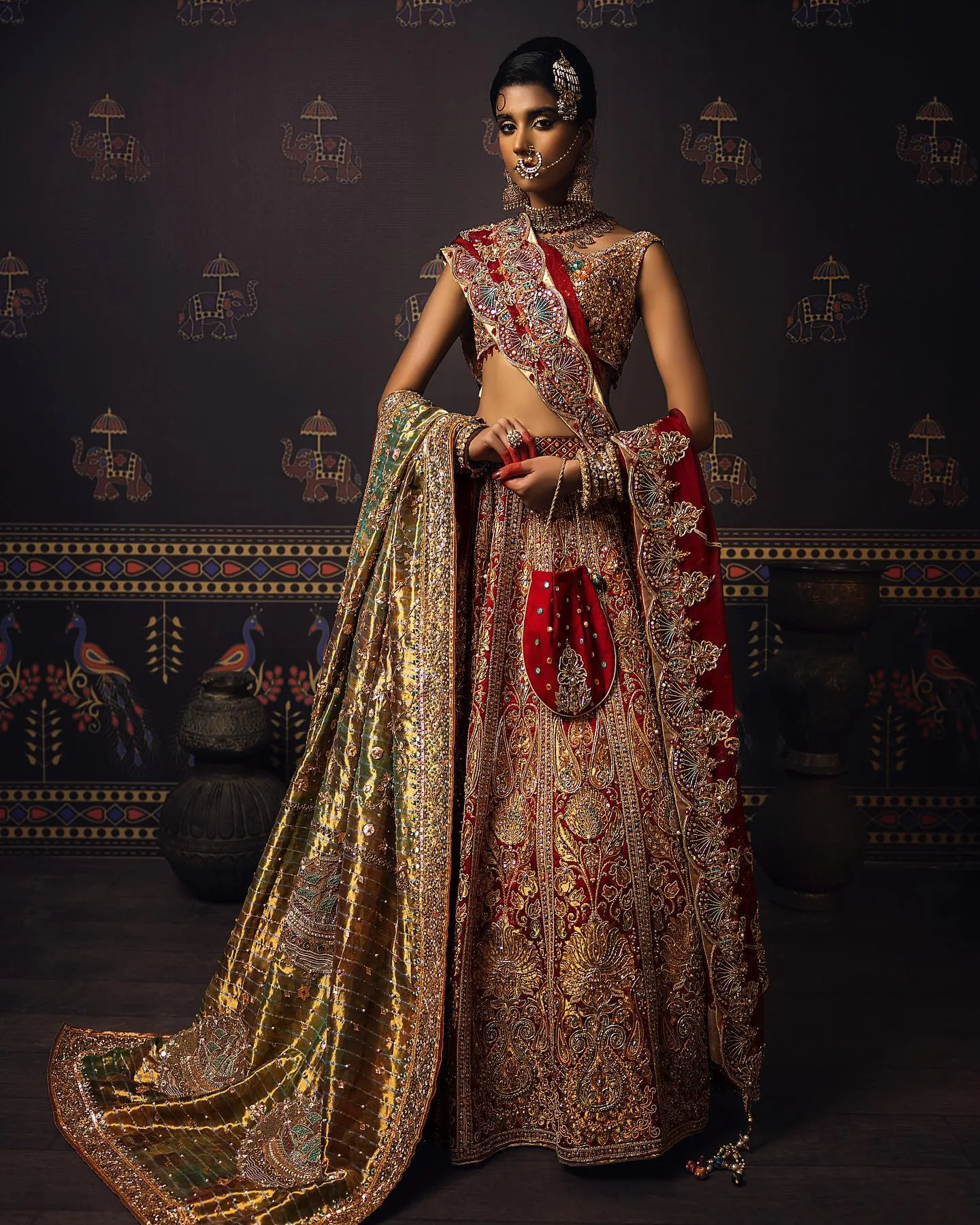 Indian Red Bridal Lehenga with Choli and Dupatta Dress