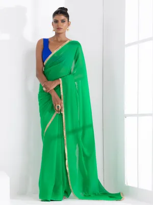Irish Green Georgette Saree with Lace and Blue Posh Blouse Fabric