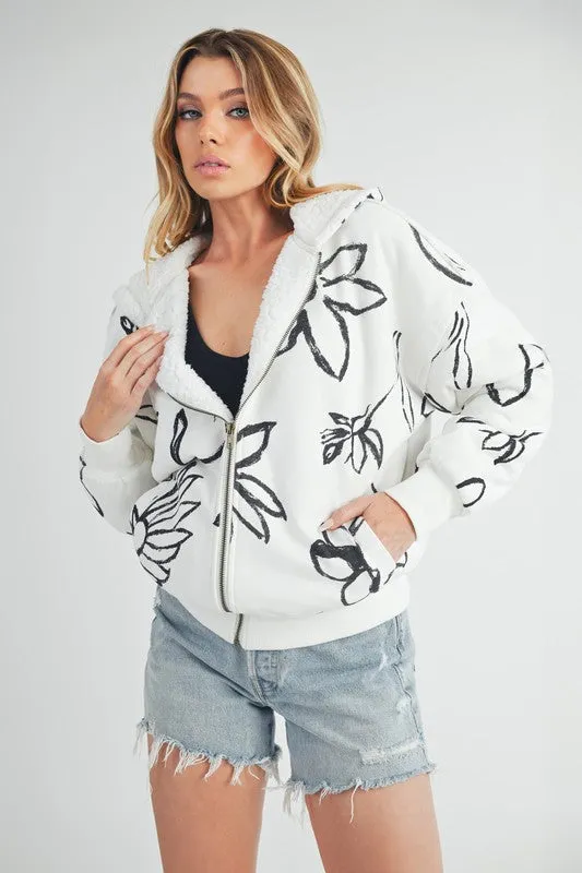Ivory Flower Print Zip Up Sherpa Hoodie