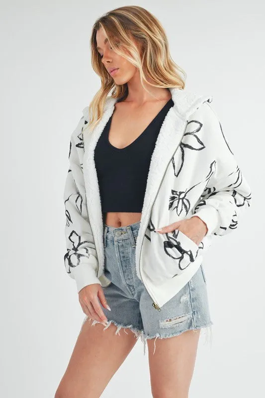 Ivory Flower Print Zip Up Sherpa Hoodie