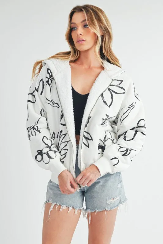 Ivory Flower Print Zip Up Sherpa Hoodie