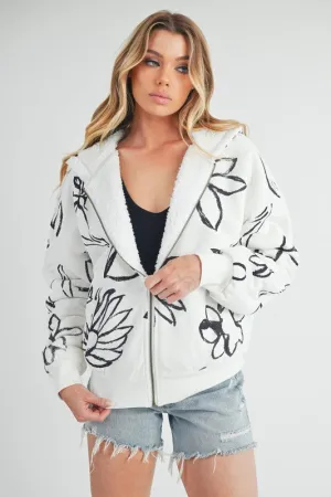Ivory Flower Print Zip Up Sherpa Hoodie