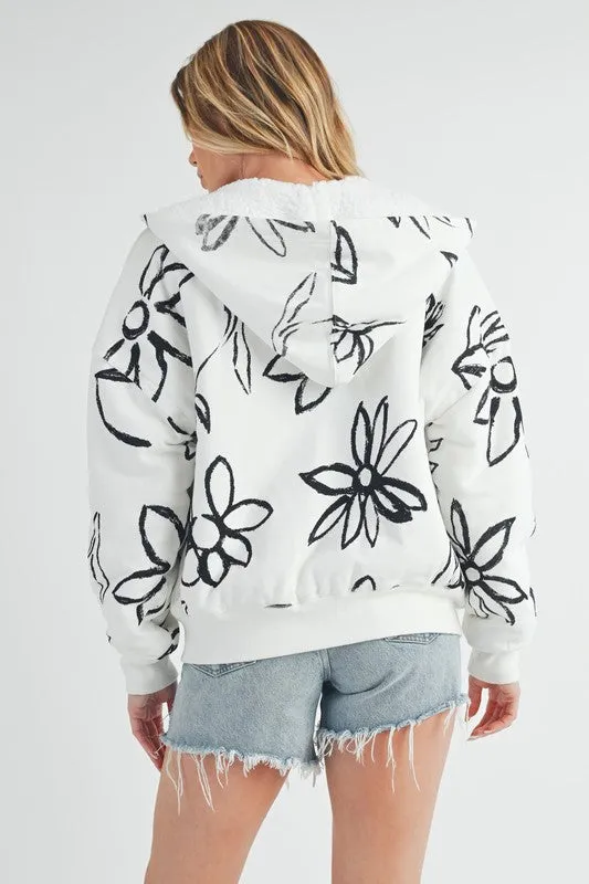 Ivory Flower Print Zip Up Sherpa Hoodie