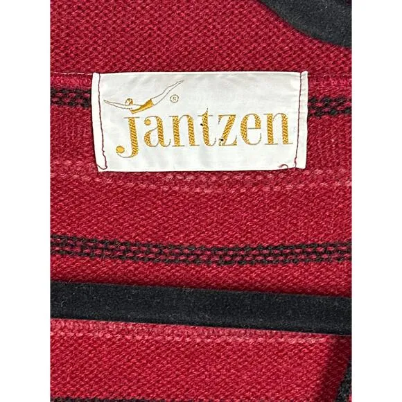 Jantzen Vintage Open Cardigan Sweater Wool Knit Striped 60s 70s Burgundy Size M