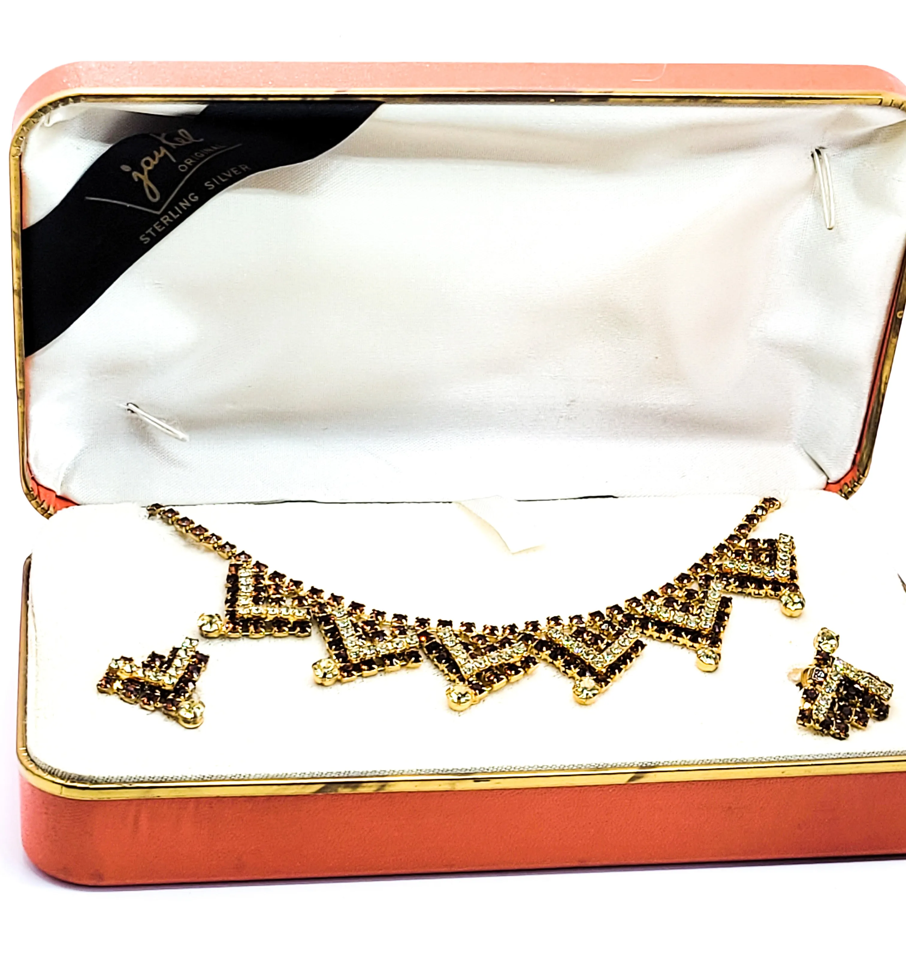 Jay Kel Cheveron sterling silver topaz rhinestone vintage demi set neckalace earrings box