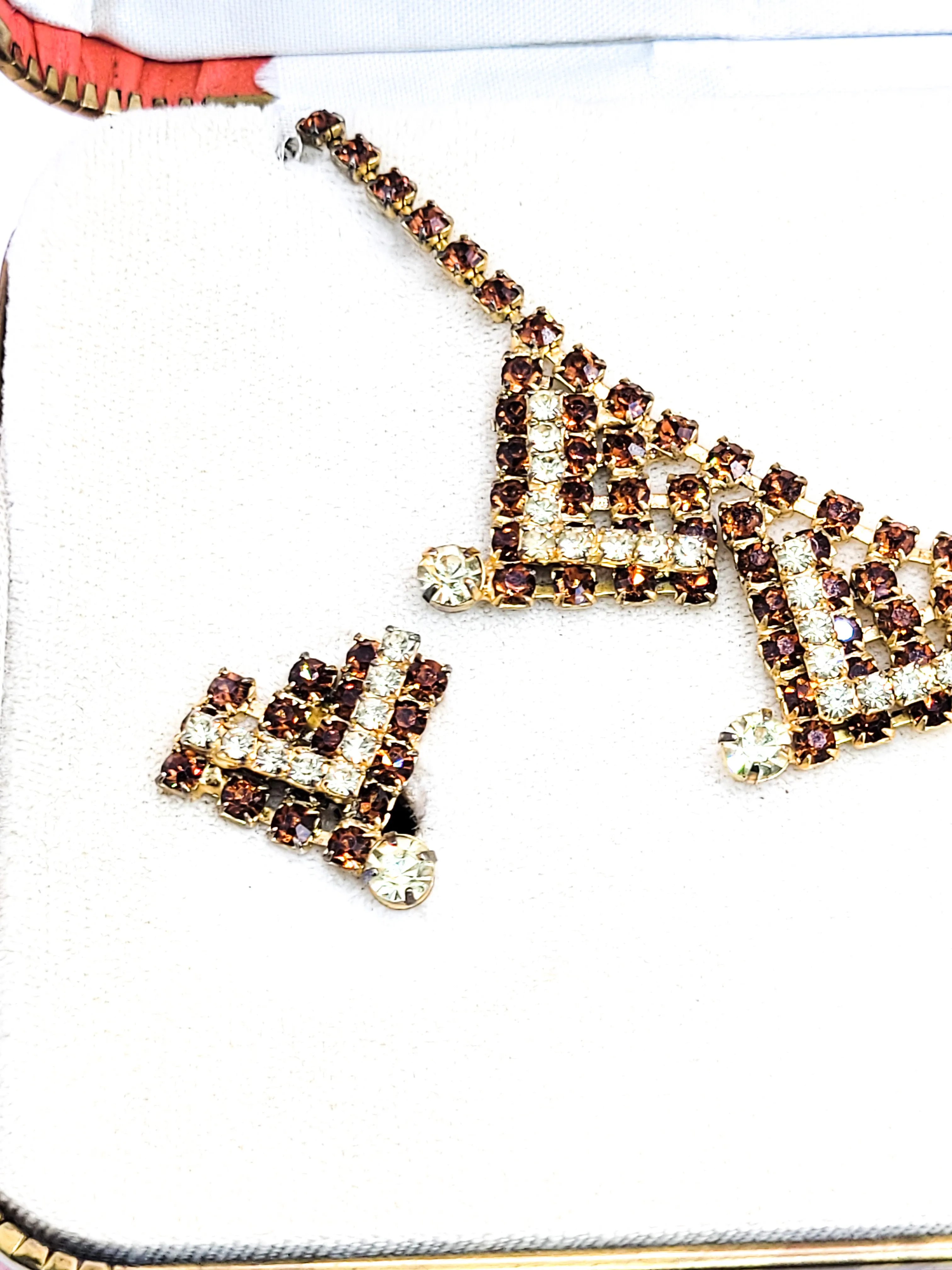 Jay Kel Cheveron sterling silver topaz rhinestone vintage demi set neckalace earrings box