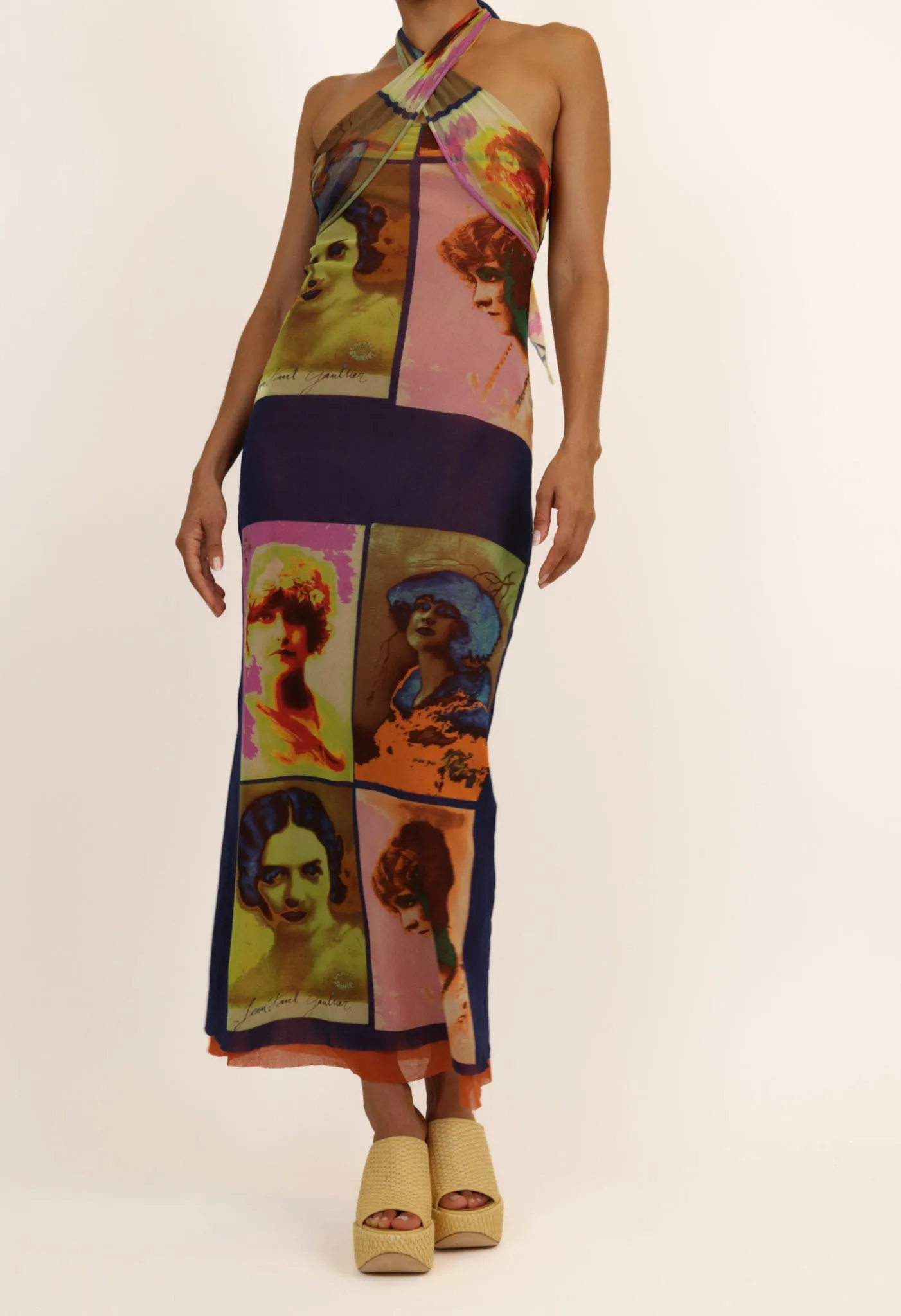 Jean Paul Gaultier Soleil SS 2002 Vintage “Portraits” Mesh Wrap Maxi Dress