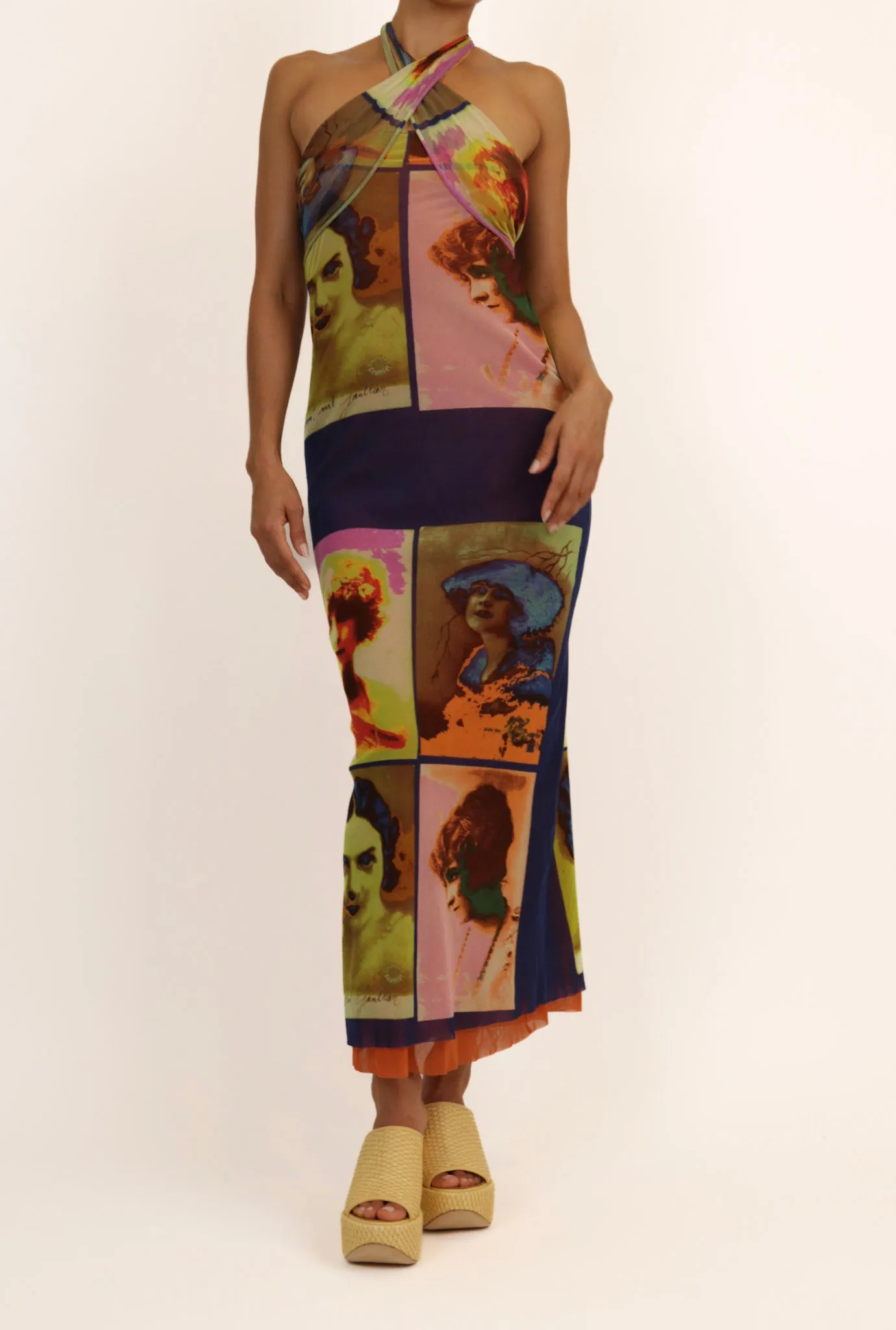 Jean Paul Gaultier Soleil SS 2002 Vintage “Portraits” Mesh Wrap Maxi Dress