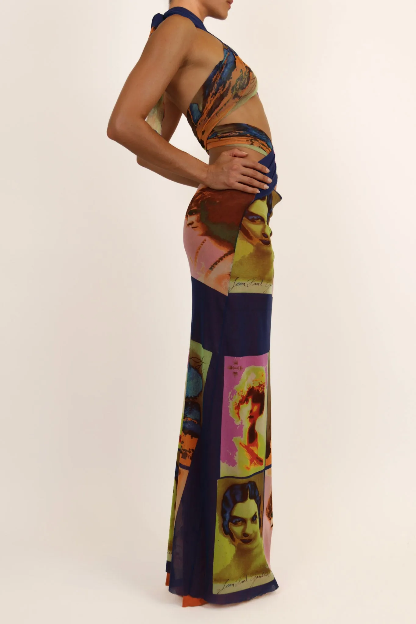 Jean Paul Gaultier Soleil SS 2002 Vintage “Portraits” Mesh Wrap Maxi Dress
