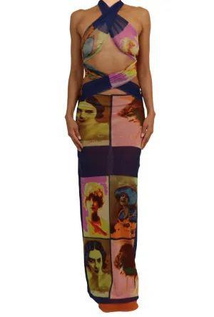 Jean Paul Gaultier Soleil SS 2002 Vintage “Portraits” Mesh Wrap Maxi Dress