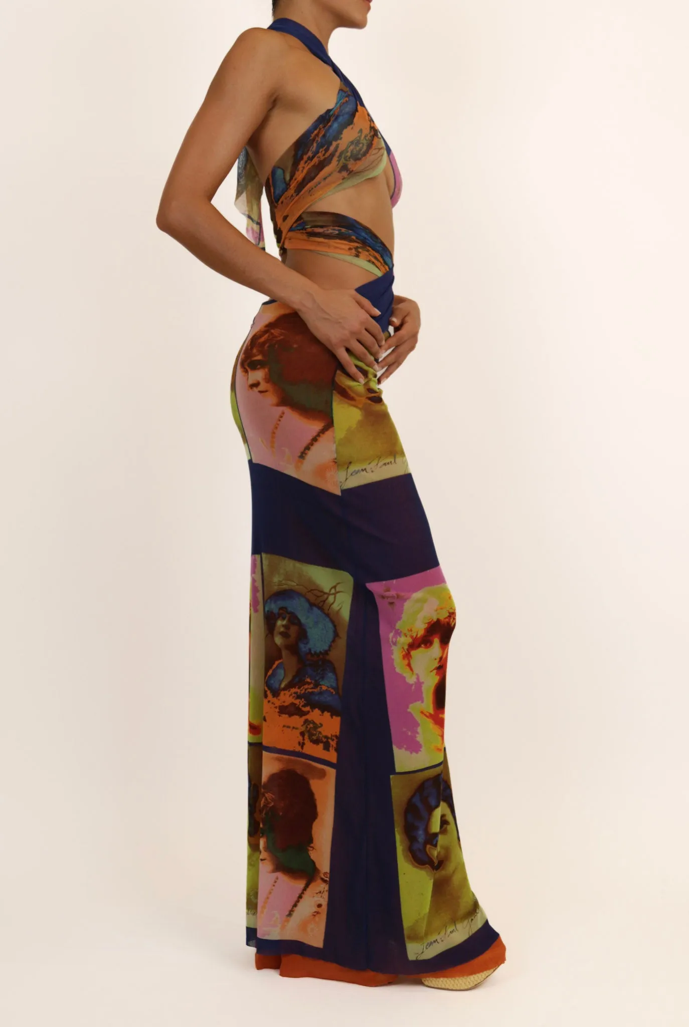 Jean Paul Gaultier Soleil SS 2002 Vintage “Portraits” Mesh Wrap Maxi Dress