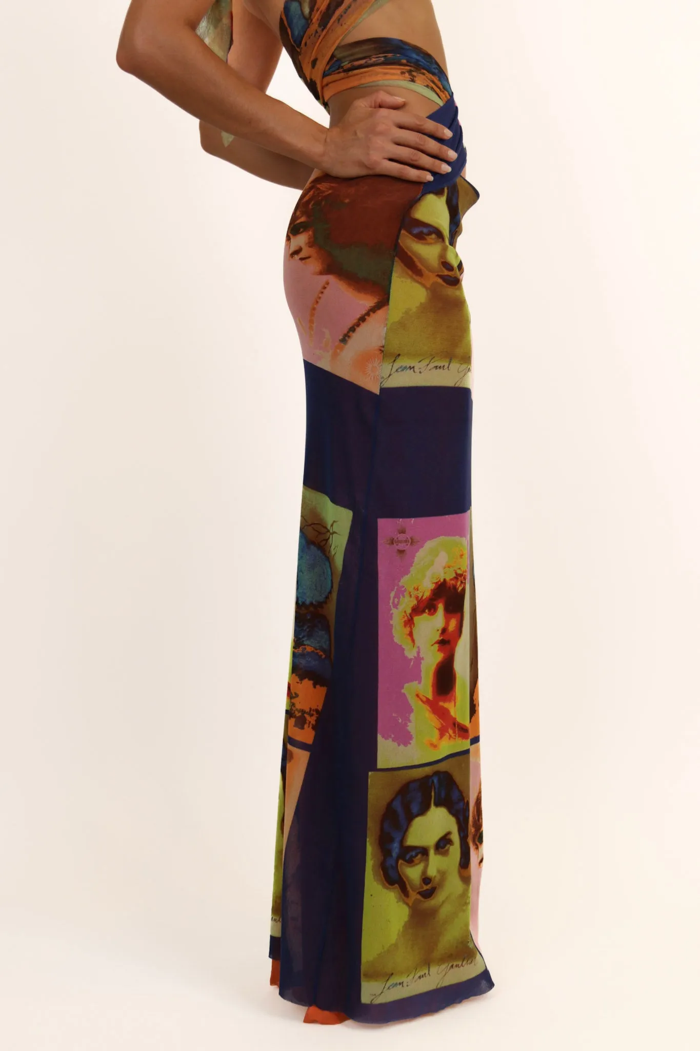 Jean Paul Gaultier Soleil SS 2002 Vintage “Portraits” Mesh Wrap Maxi Dress