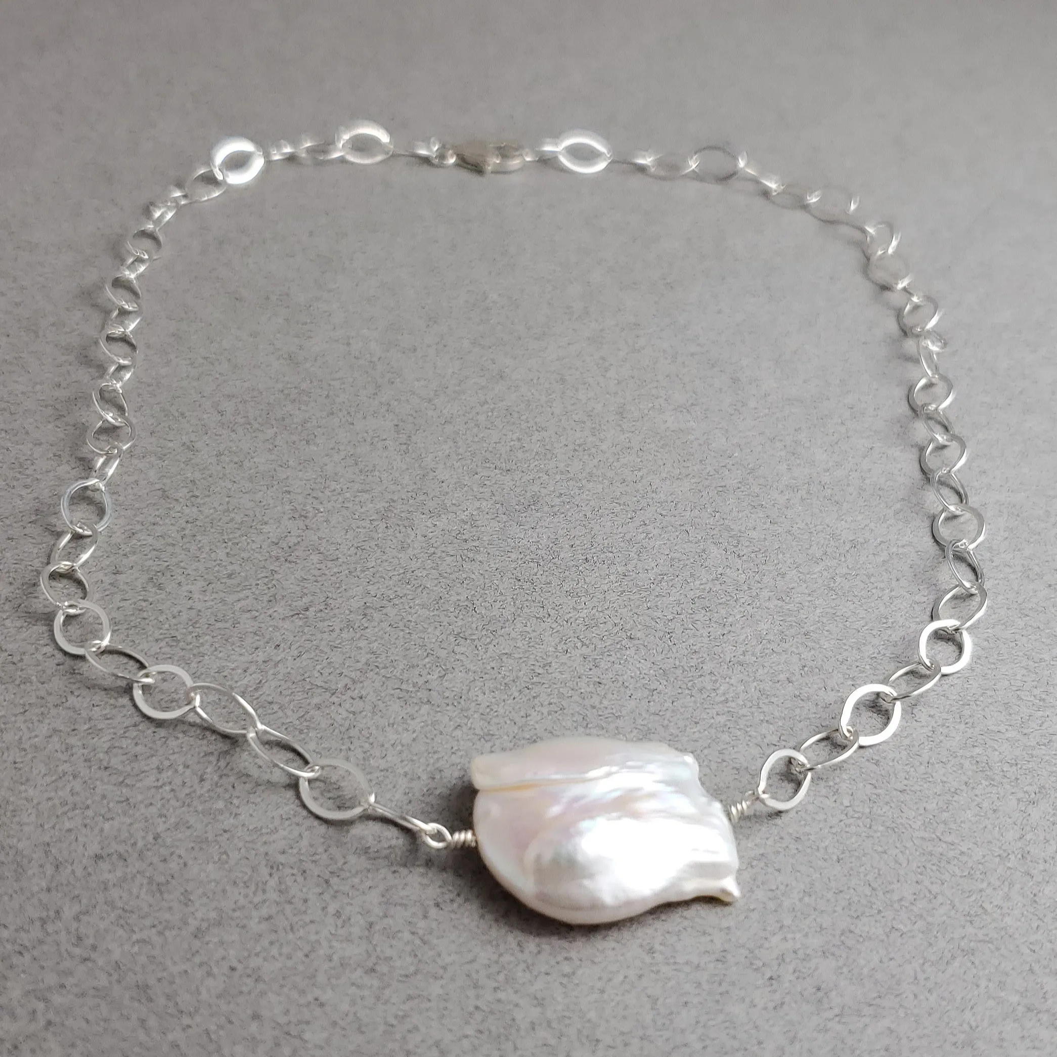 Keishi Pendant, Large Flat Keishi Pearl Pendant, Keishi Focal Pendant, Sterling Silver Pearl Pendant, Statement Pendant