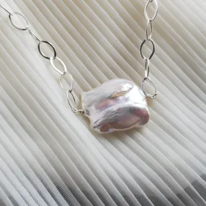 Keishi Pendant, Large Flat Keishi Pearl Pendant, Keishi Focal Pendant, Sterling Silver Pearl Pendant, Statement Pendant