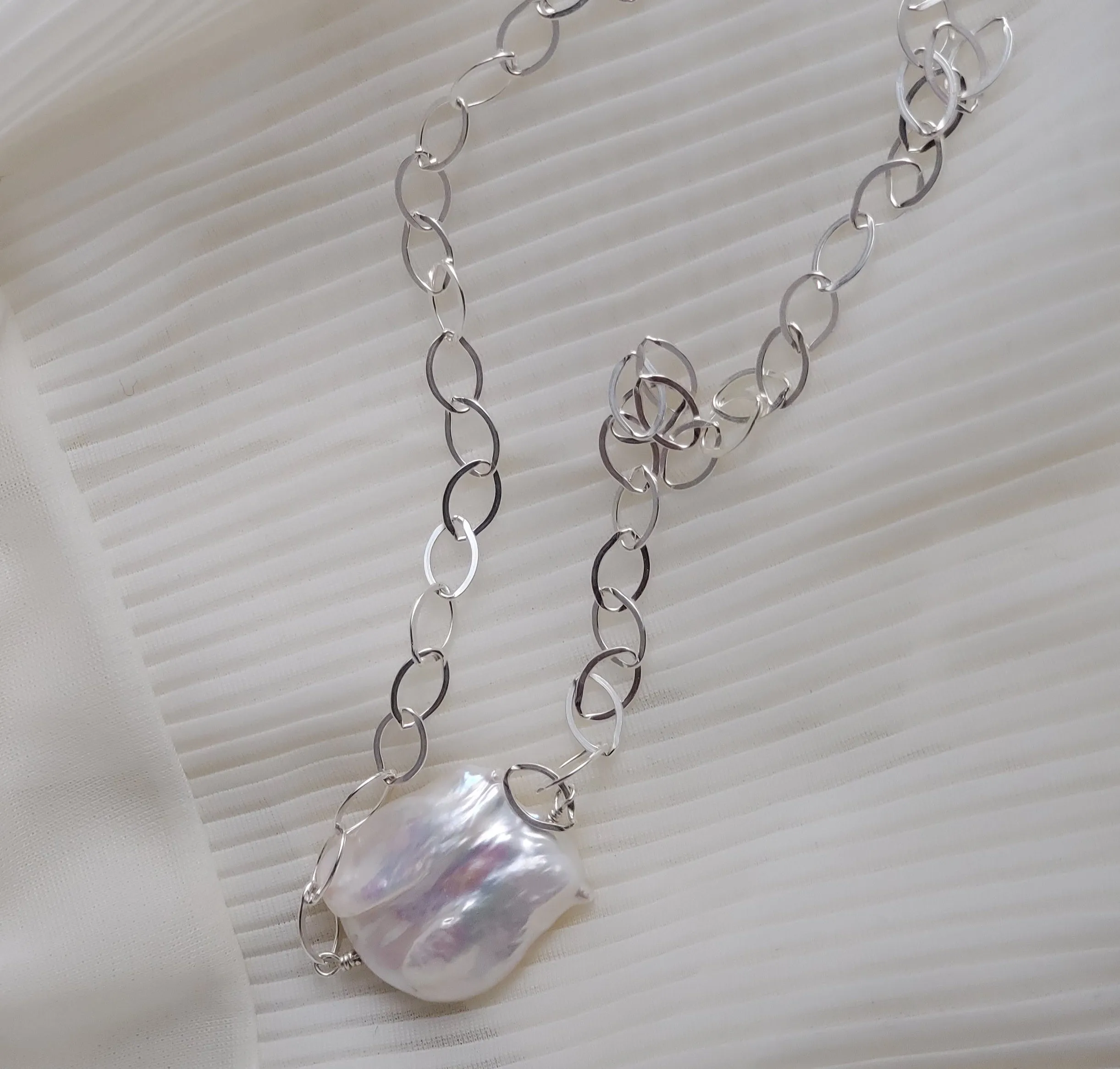 Keishi Pendant, Large Flat Keishi Pearl Pendant, Keishi Focal Pendant, Sterling Silver Pearl Pendant, Statement Pendant