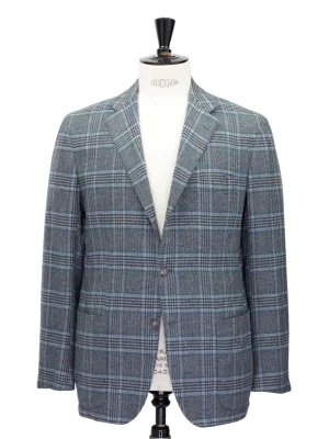 Kiton Grey & Turquoise Cashmere, Vicuna & Silk Glenplaid Jacket