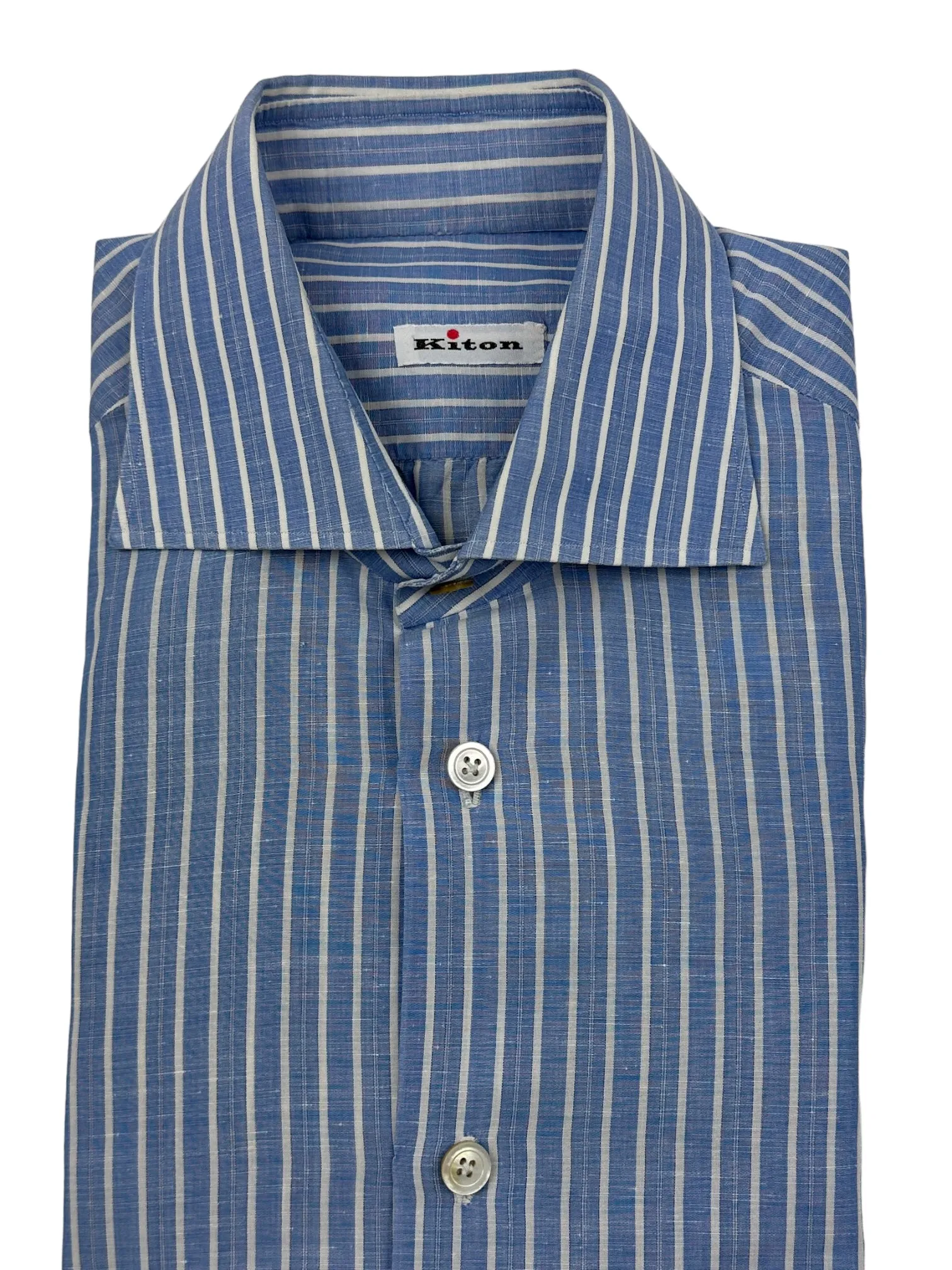 Kiton Light Blue Linen Blend Bengal Stripe Shirt