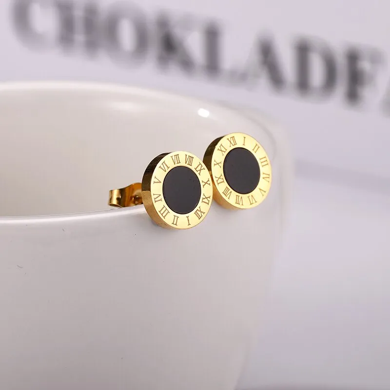 Korean Style Roman Numeral Stud Earrings for Women - Stainless Steel Round Black Shell Ear Studs with Rose Gold Silver Fashion Accents