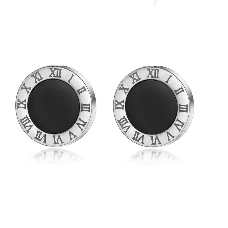 Korean Style Roman Numeral Stud Earrings for Women - Stainless Steel Round Black Shell Ear Studs with Rose Gold Silver Fashion Accents