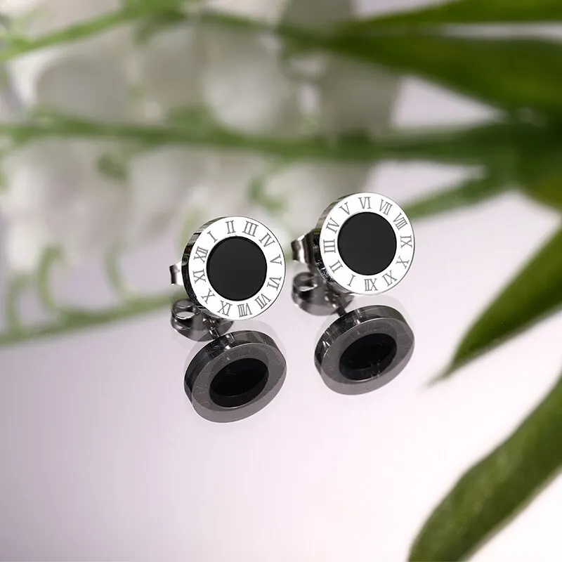Korean Style Roman Numeral Stud Earrings for Women - Stainless Steel Round Black Shell Ear Studs with Rose Gold Silver Fashion Accents