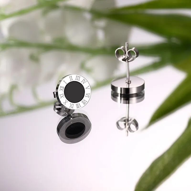 Korean Style Roman Numeral Stud Earrings for Women - Stainless Steel Round Black Shell Ear Studs with Rose Gold Silver Fashion Accents