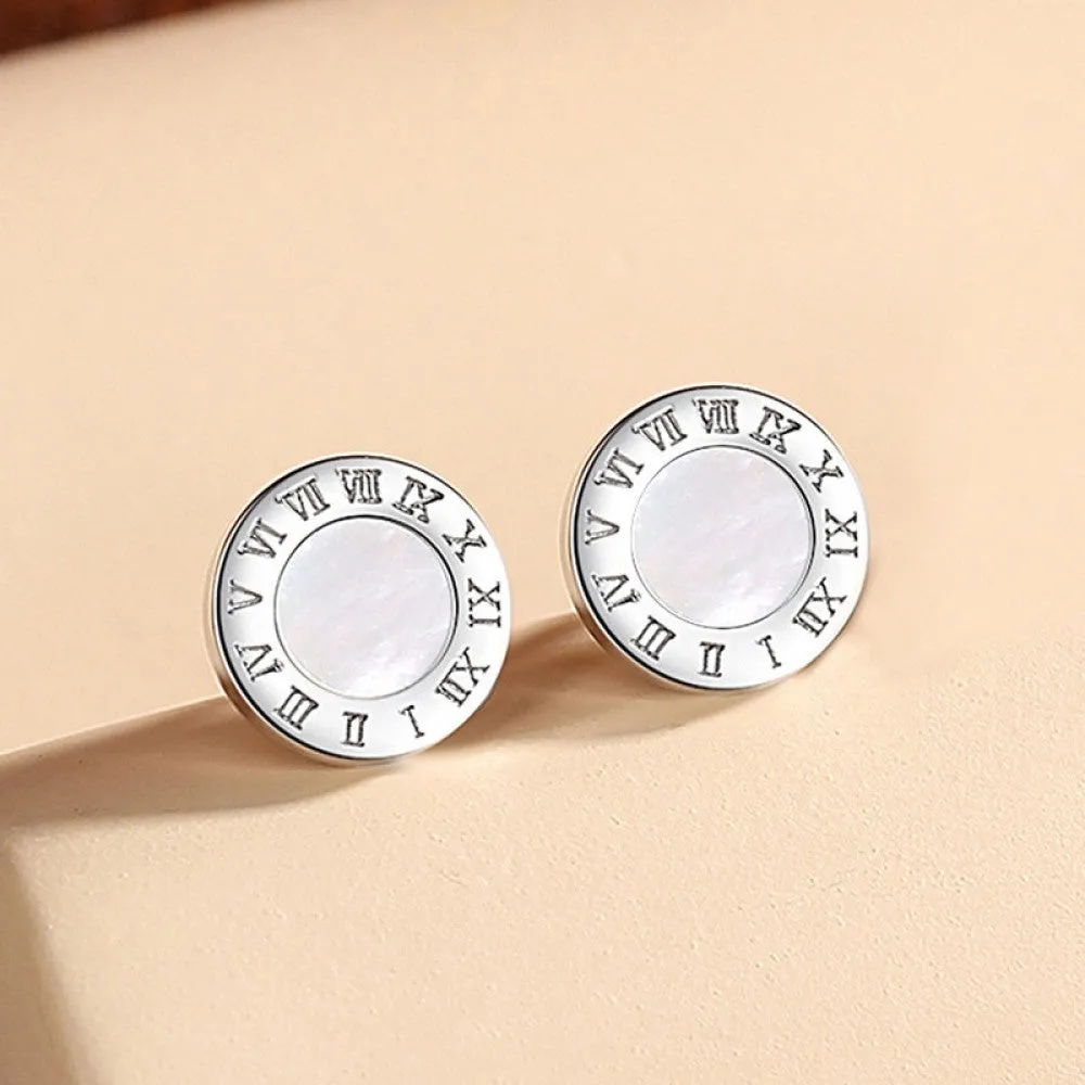 Korean Style Roman Numeral Stud Earrings for Women - Stainless Steel Round Black Shell Ear Studs with Rose Gold Silver Fashion Accents