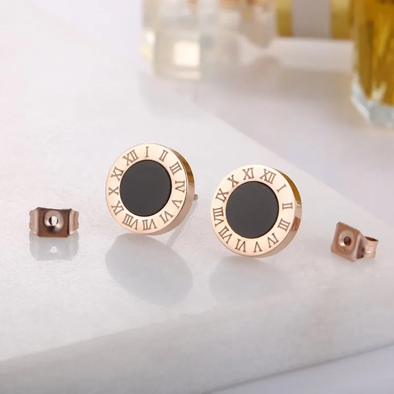 Korean Style Roman Numeral Stud Earrings for Women - Stainless Steel Round Black Shell Ear Studs with Rose Gold Silver Fashion Accents