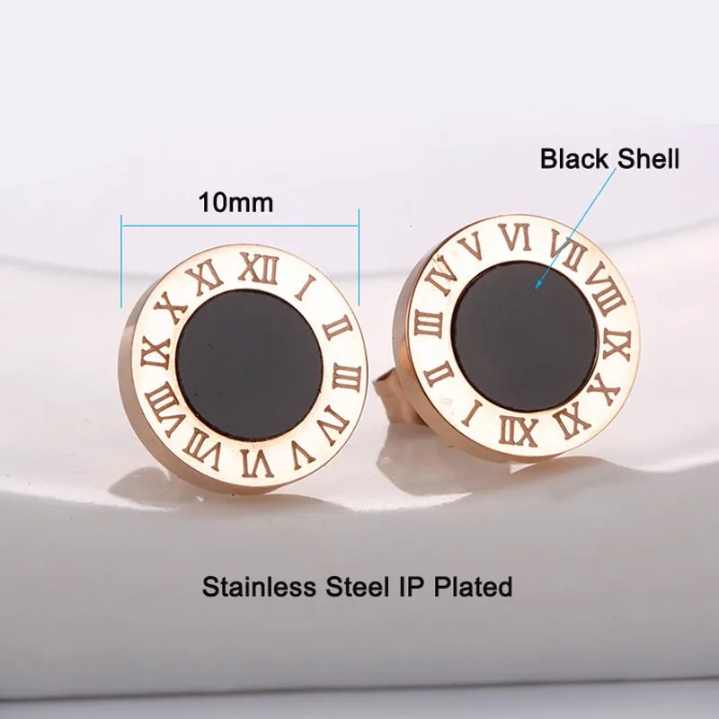 Korean Style Roman Numeral Stud Earrings for Women - Stainless Steel Round Black Shell Ear Studs with Rose Gold Silver Fashion Accents