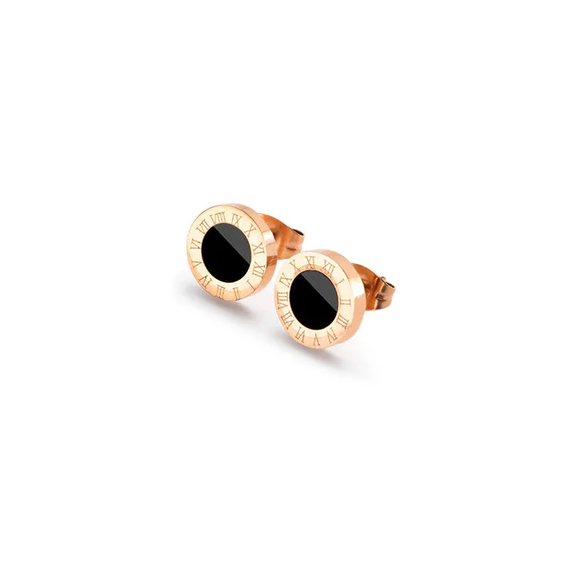 Korean Style Roman Numeral Stud Earrings for Women - Stainless Steel Round Black Shell Ear Studs with Rose Gold Silver Fashion Accents