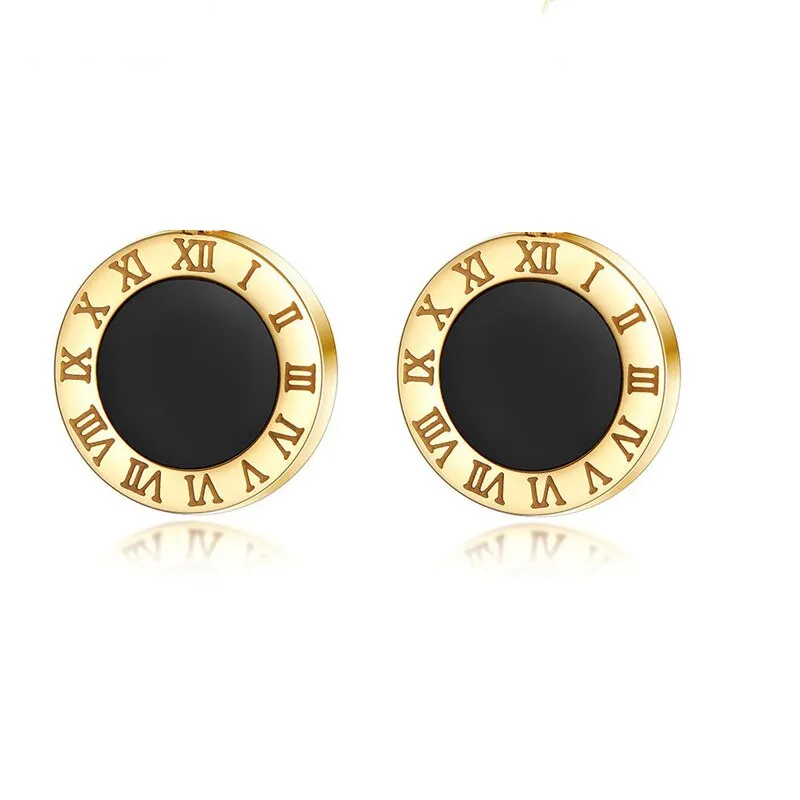 Korean Style Roman Numeral Stud Earrings for Women - Stainless Steel Round Black Shell Ear Studs with Rose Gold Silver Fashion Accents