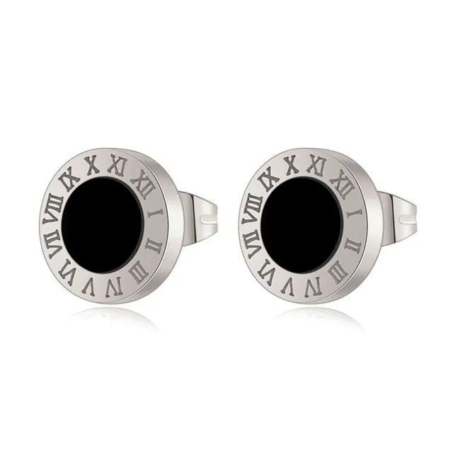 Korean Style Roman Numeral Stud Earrings for Women - Stainless Steel Round Black Shell Ear Studs with Rose Gold Silver Fashion Accents