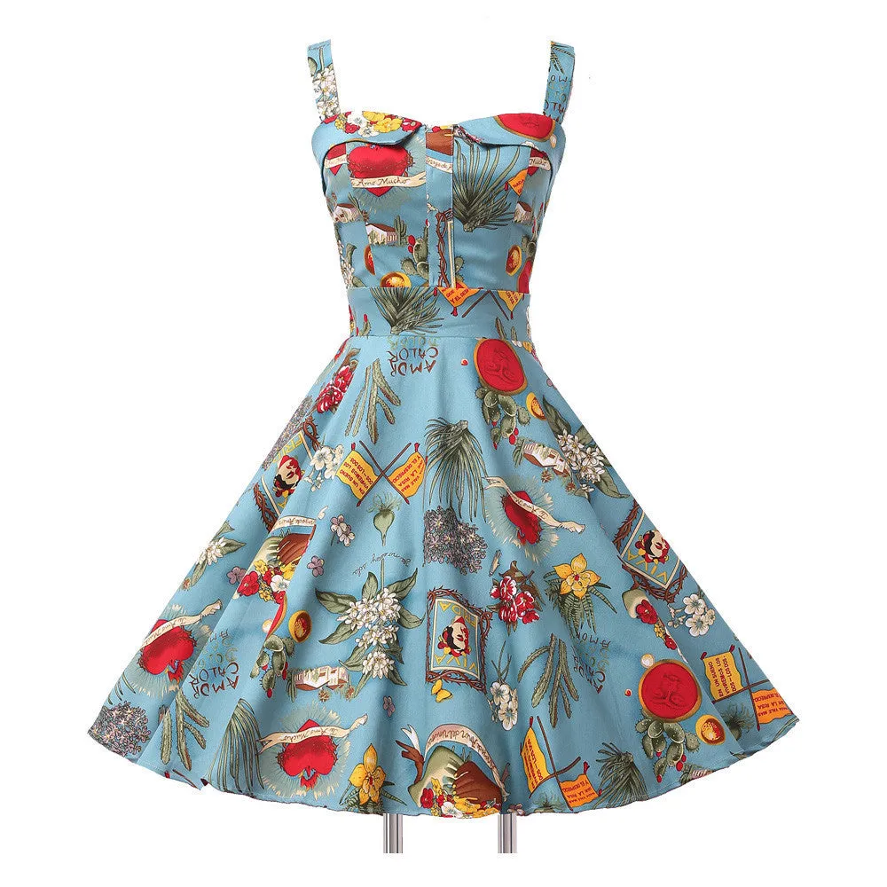 Ladies Cotton Rockabilly Womens Summer style Dresses pin up Retro Vintage 50s Audrey Hepburn Swing print Casual clothing