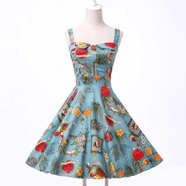 Ladies Cotton Rockabilly Womens Summer style Dresses pin up Retro Vintage 50s Audrey Hepburn Swing print Casual clothing